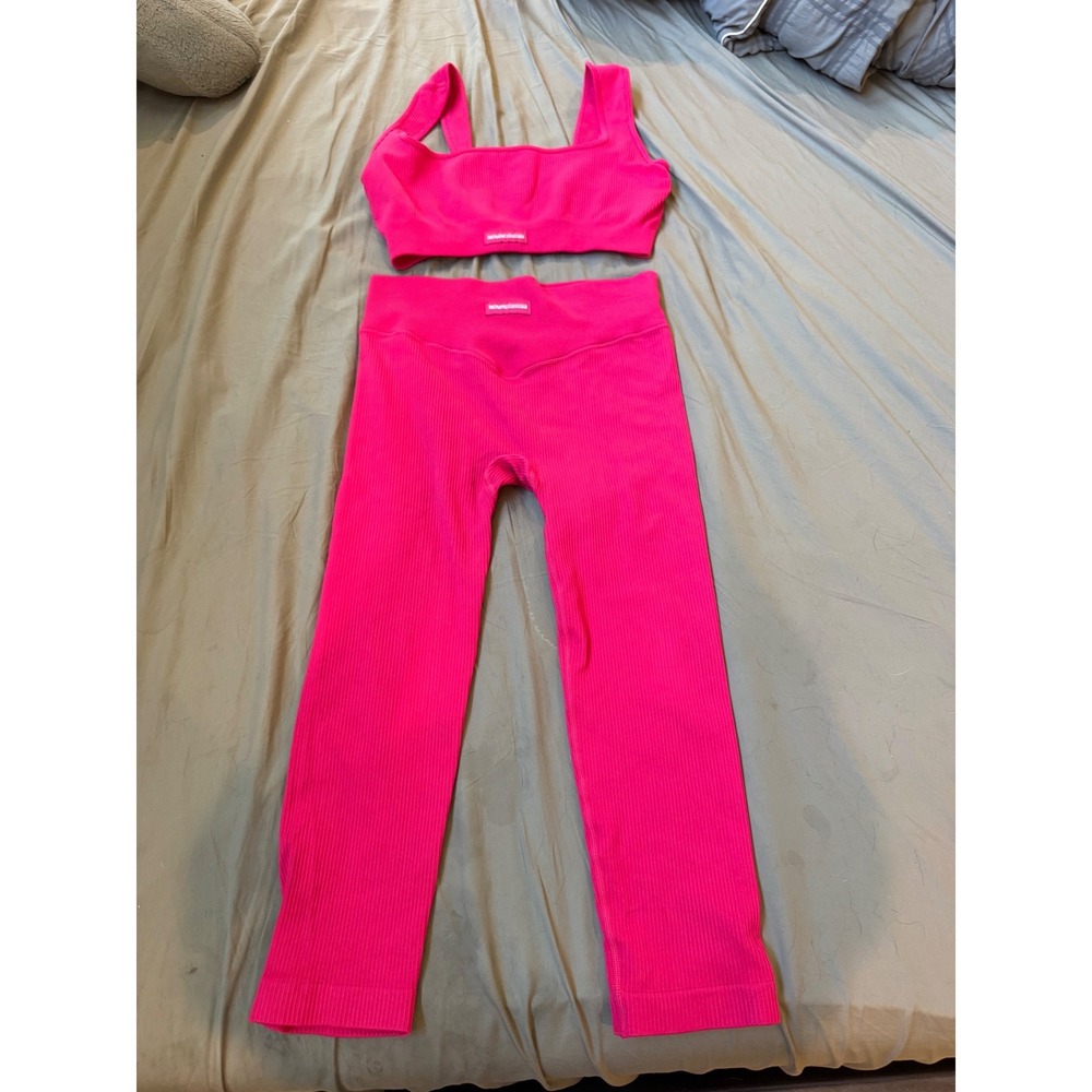 Nova Sport Hot Pink Ribbed Activewear Set Sports Bra L Leggings M 2pc Workout